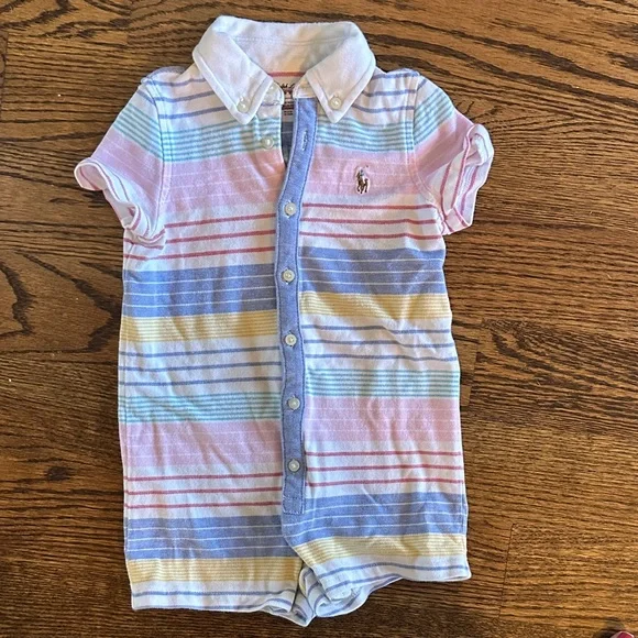 Ralph Lauren White and Blue Striped Baby Romper - Picture 1 of 3